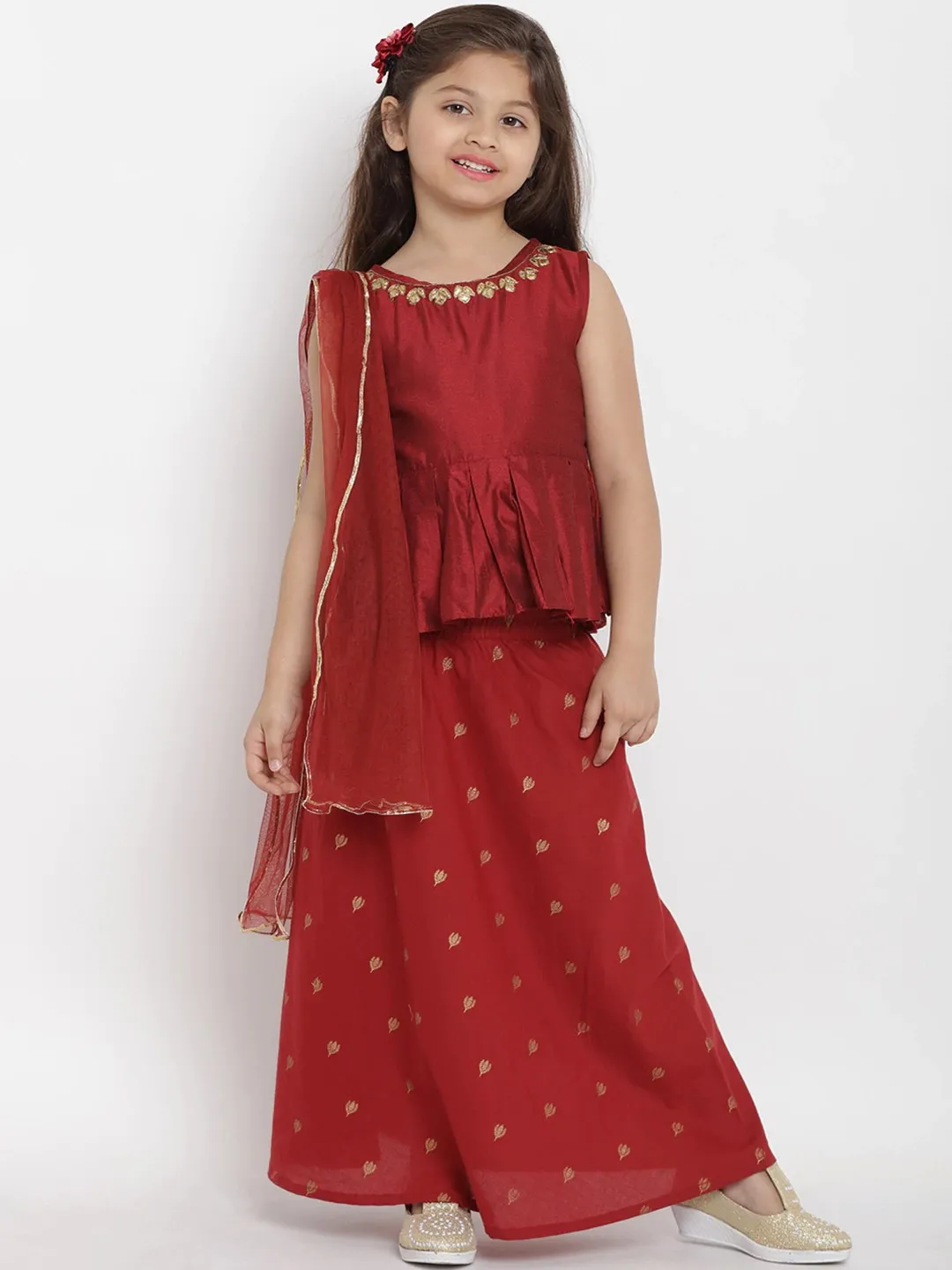 Girl's Maroon Solid Top & Skirt Set  - NOZ2TOZ KIDS