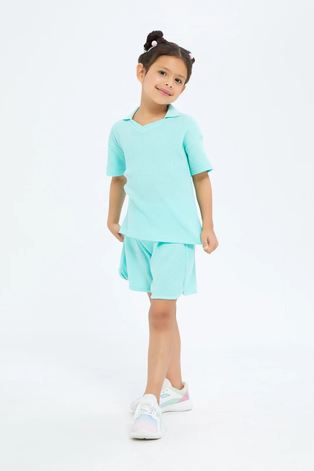 Girls Mint Waffle Collared T-Shirt