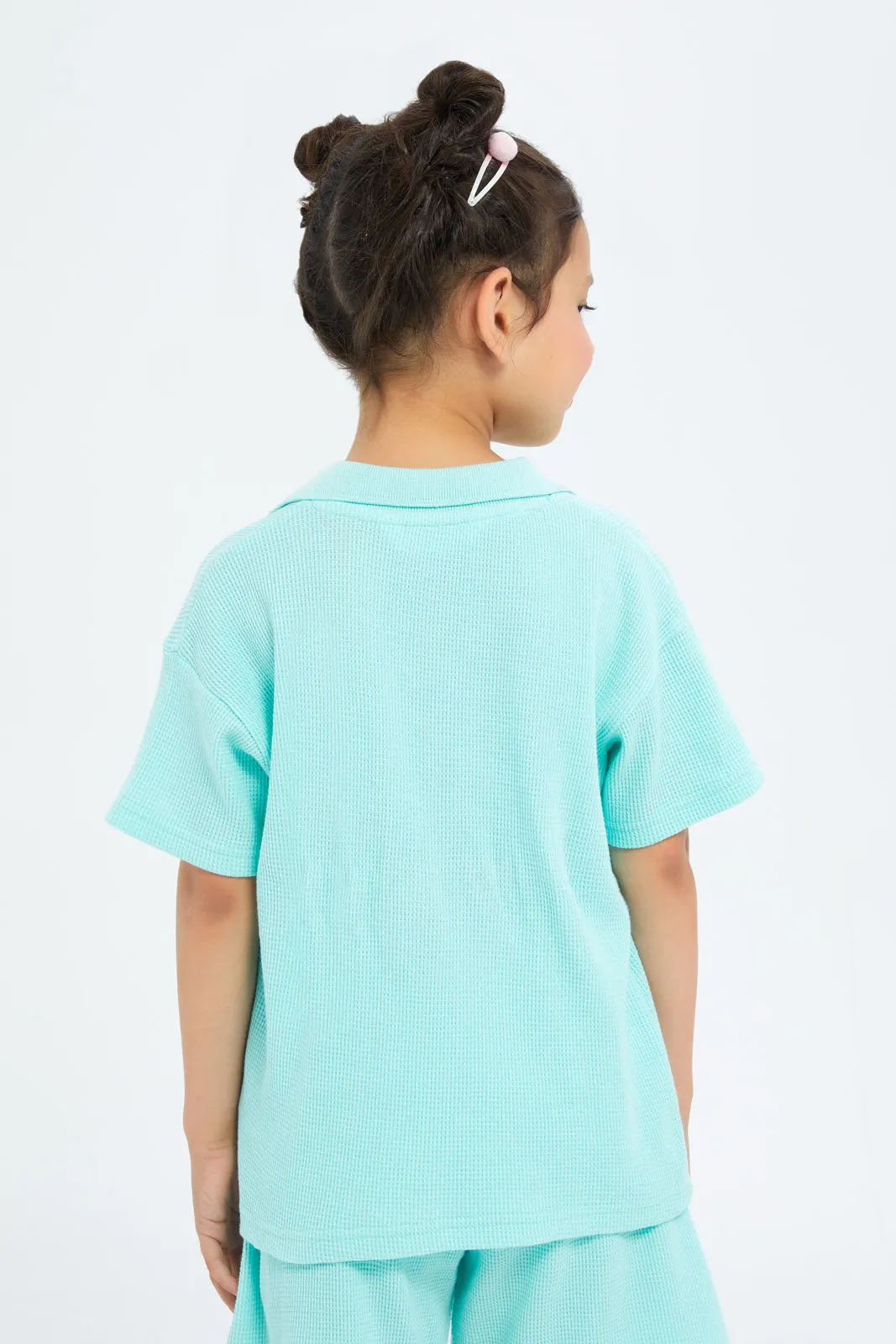 Girls Mint Waffle Collared T-Shirt