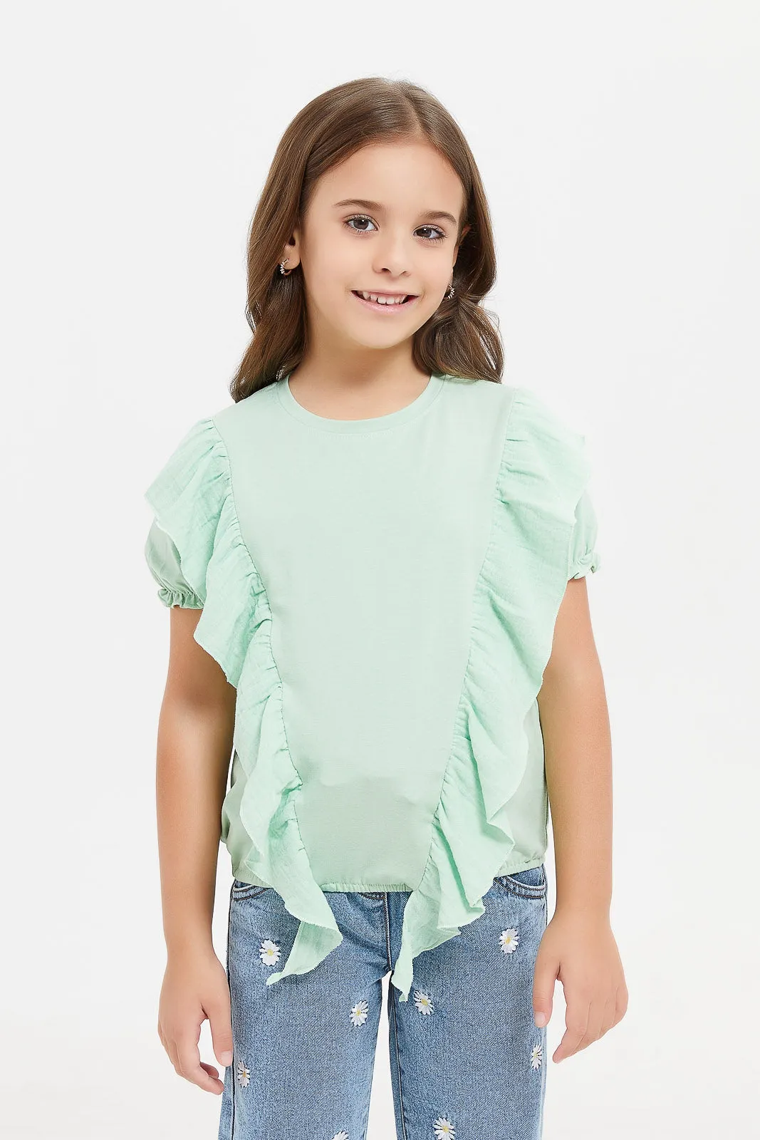 Girls Mint Woven Front Frill T-Shirt