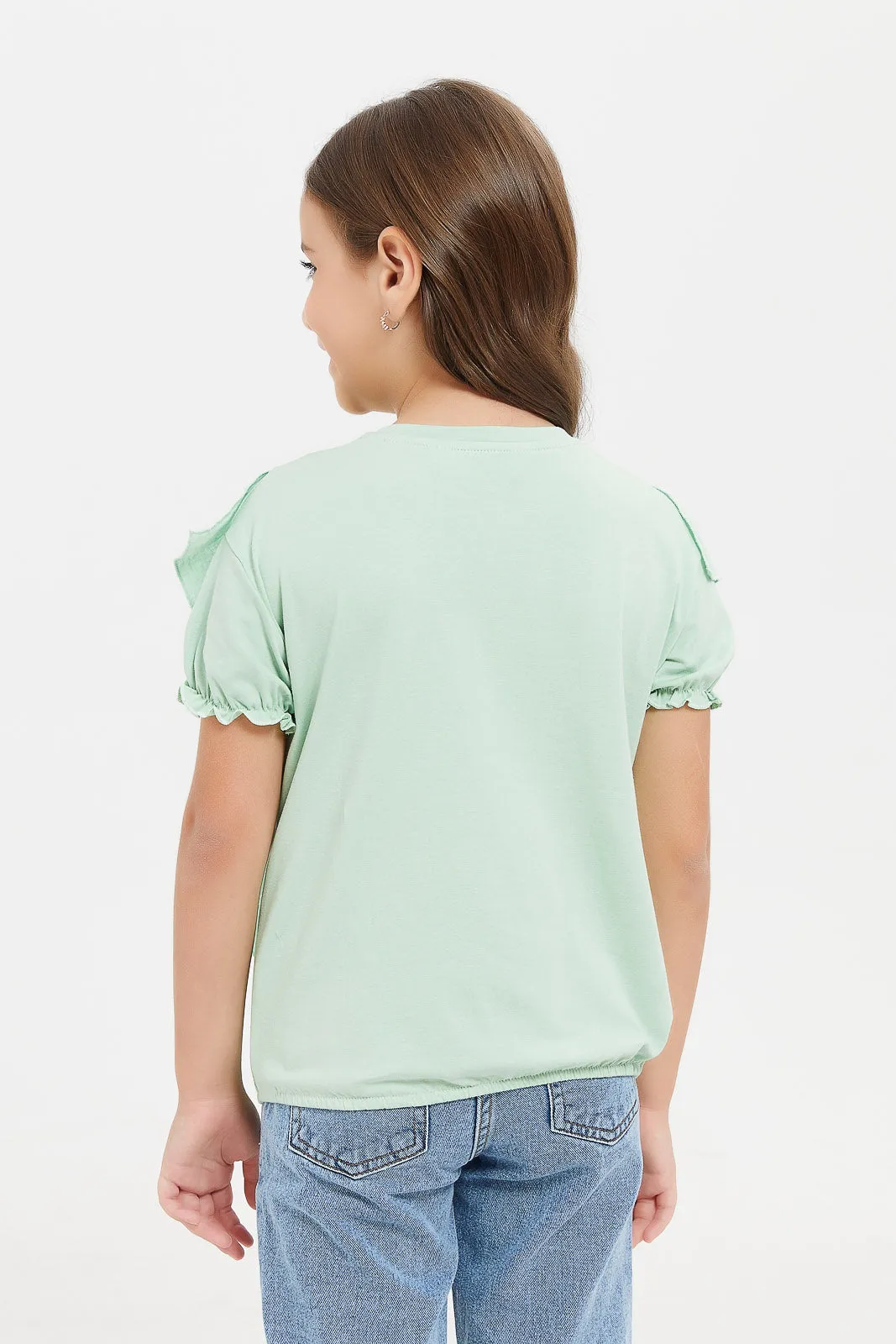 Girls Mint Woven Front Frill T-Shirt