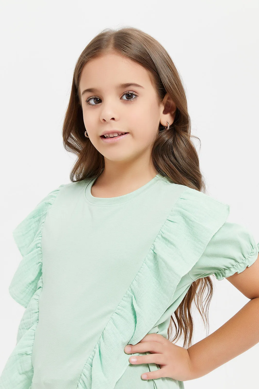 Girls Mint Woven Front Frill T-Shirt