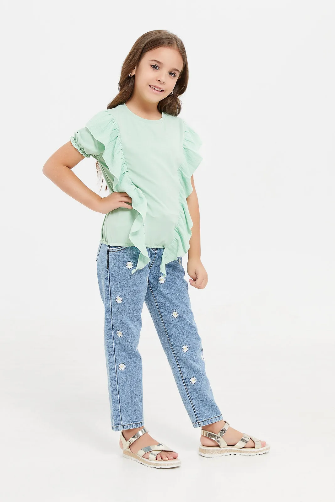 Girls Mint Woven Front Frill T-Shirt