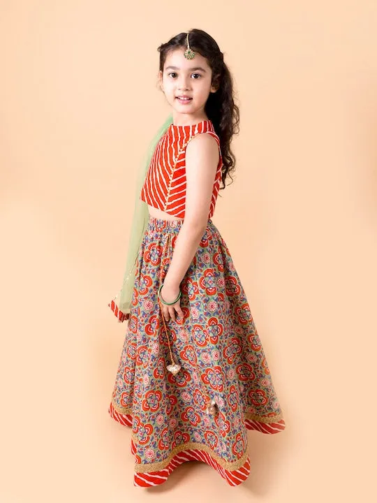 Girls Orange Blue Printed Ready To Wear Lehenga Blouse With Dupatta - Ps Peaches