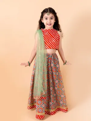 Girls Orange Blue Printed Ready To Wear Lehenga Blouse With Dupatta - Ps Peaches