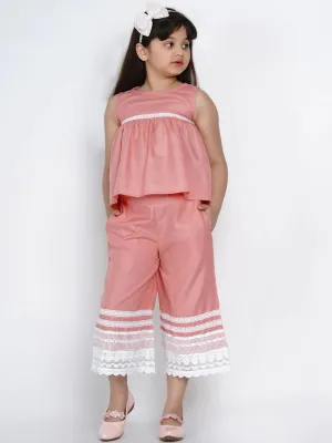 Girl's Peach & White Solid Top & Palazzo Set  - NOZ2TOZ KIDS