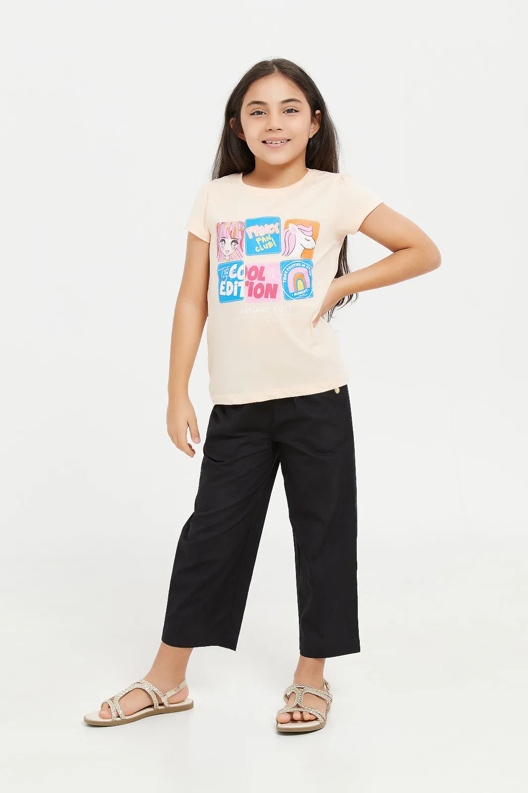 Girls Peach Graphic Print T-Shirt