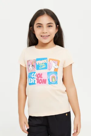 Girls Peach Graphic Print T-Shirt