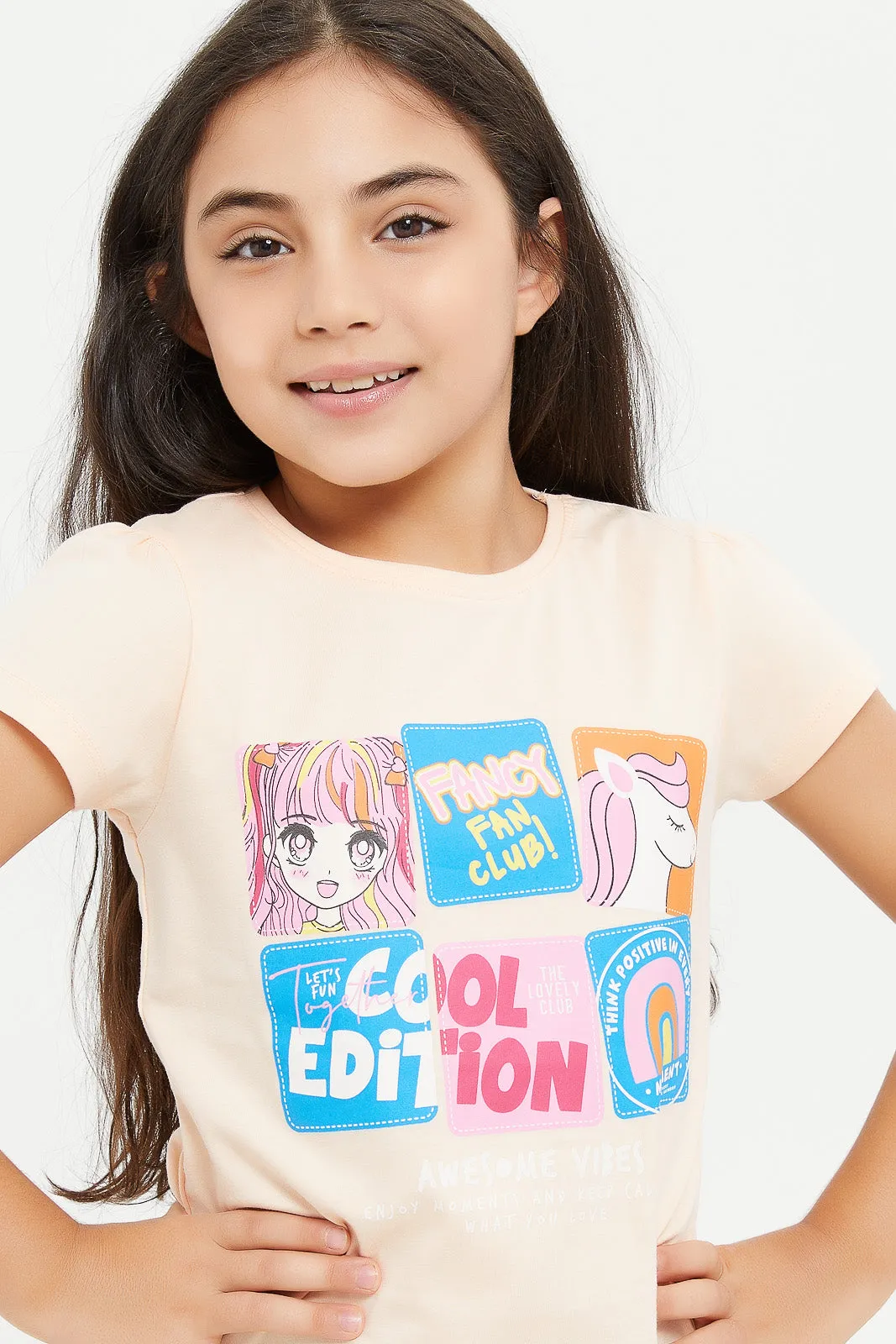 Girls Peach Graphic Print T-Shirt