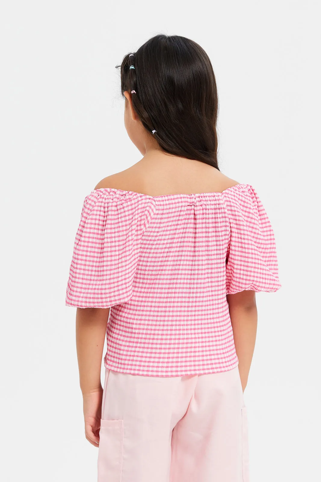 Girls Pink And White Checkered Blouse