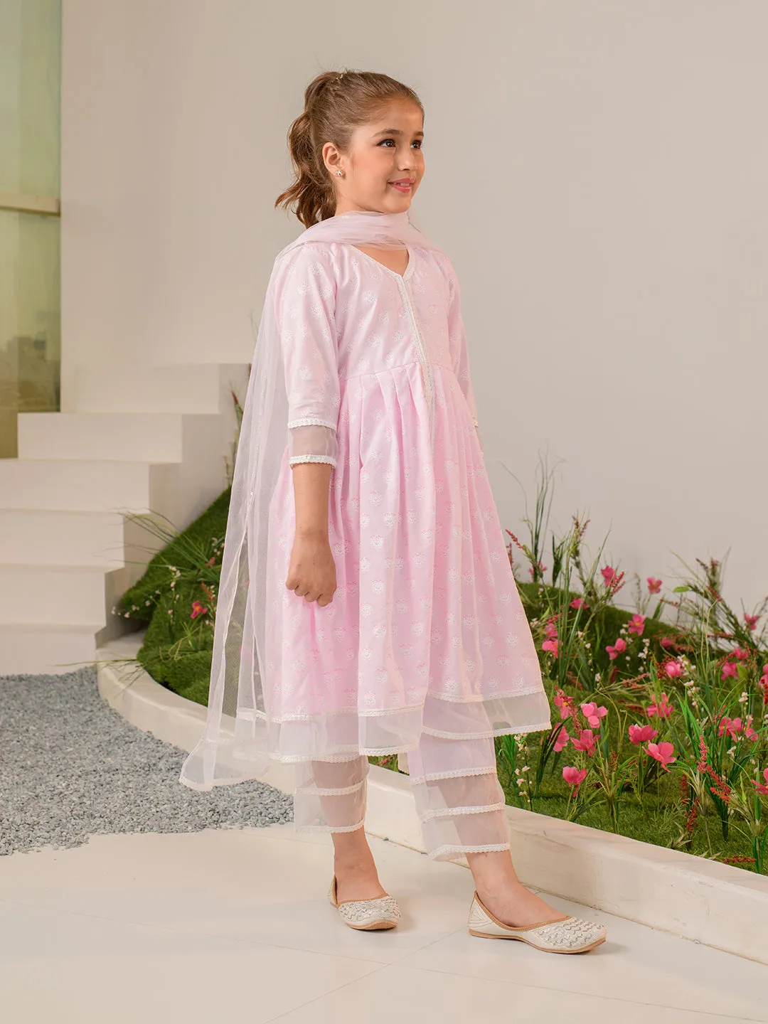 Girls Pink Ethnic Motifs Printed Regular Pure Cotton Kurta With Palazzos With Dupatta - Ps Peaches