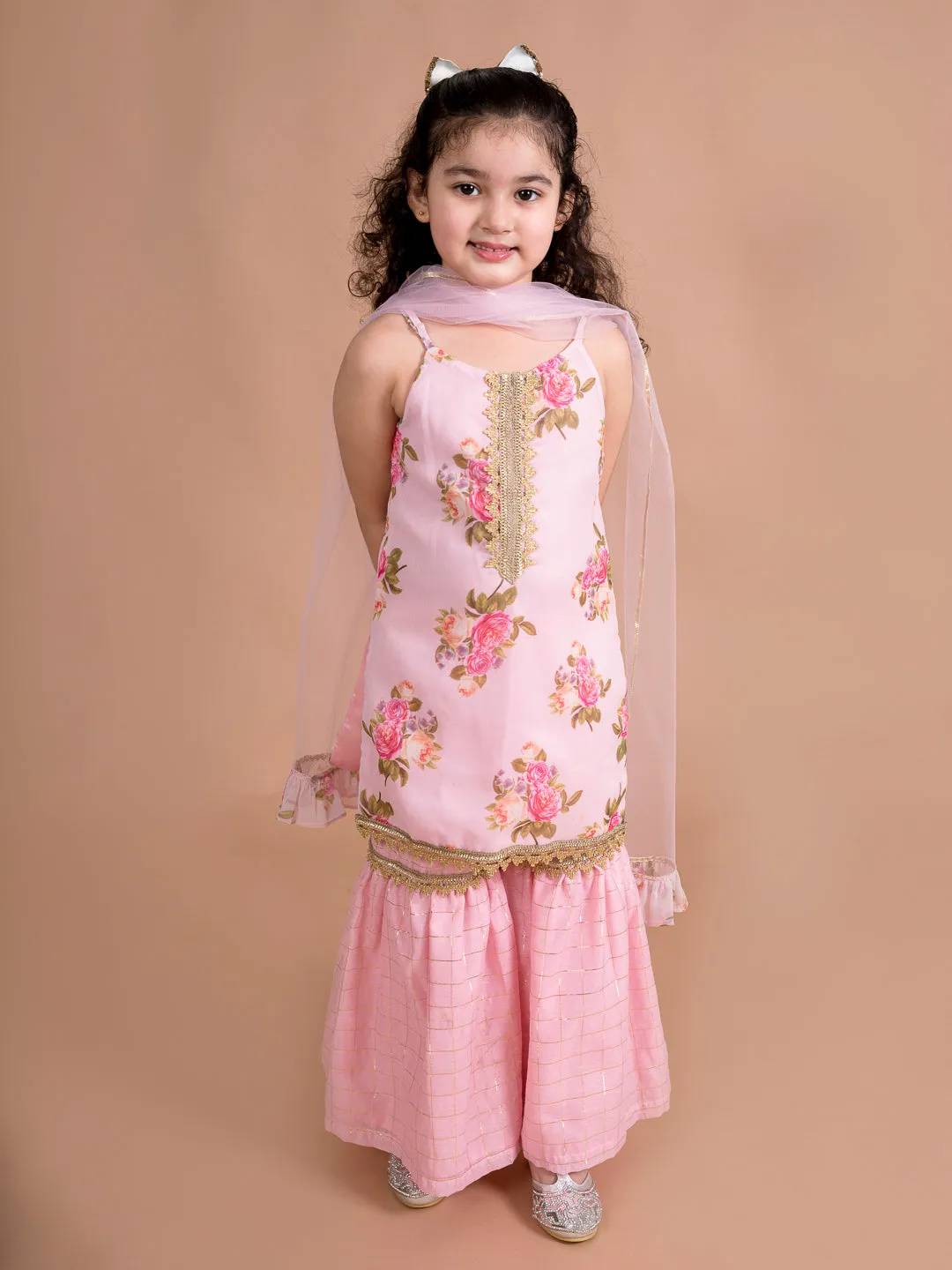 Girls Pink Floral Printed Kurti With Sharara With Dupatta - Ps Peaches