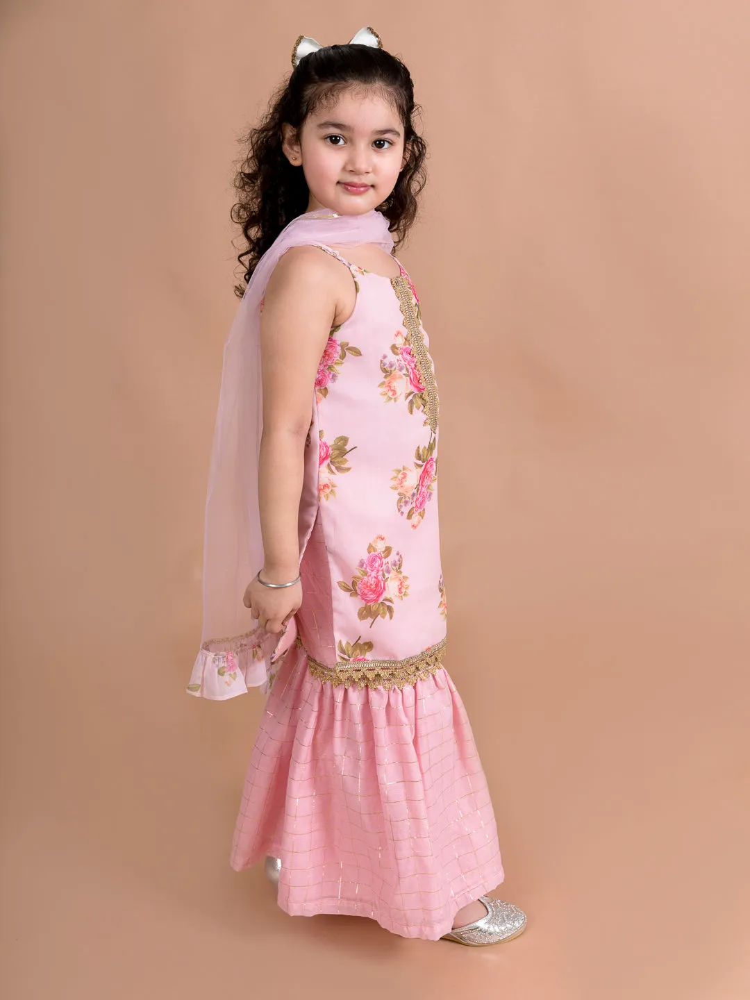 Girls Pink Floral Printed Kurti With Sharara With Dupatta - Ps Peaches