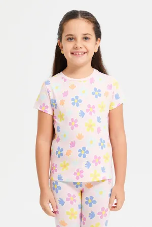 Girls Pink Flowers Print T-Shirt