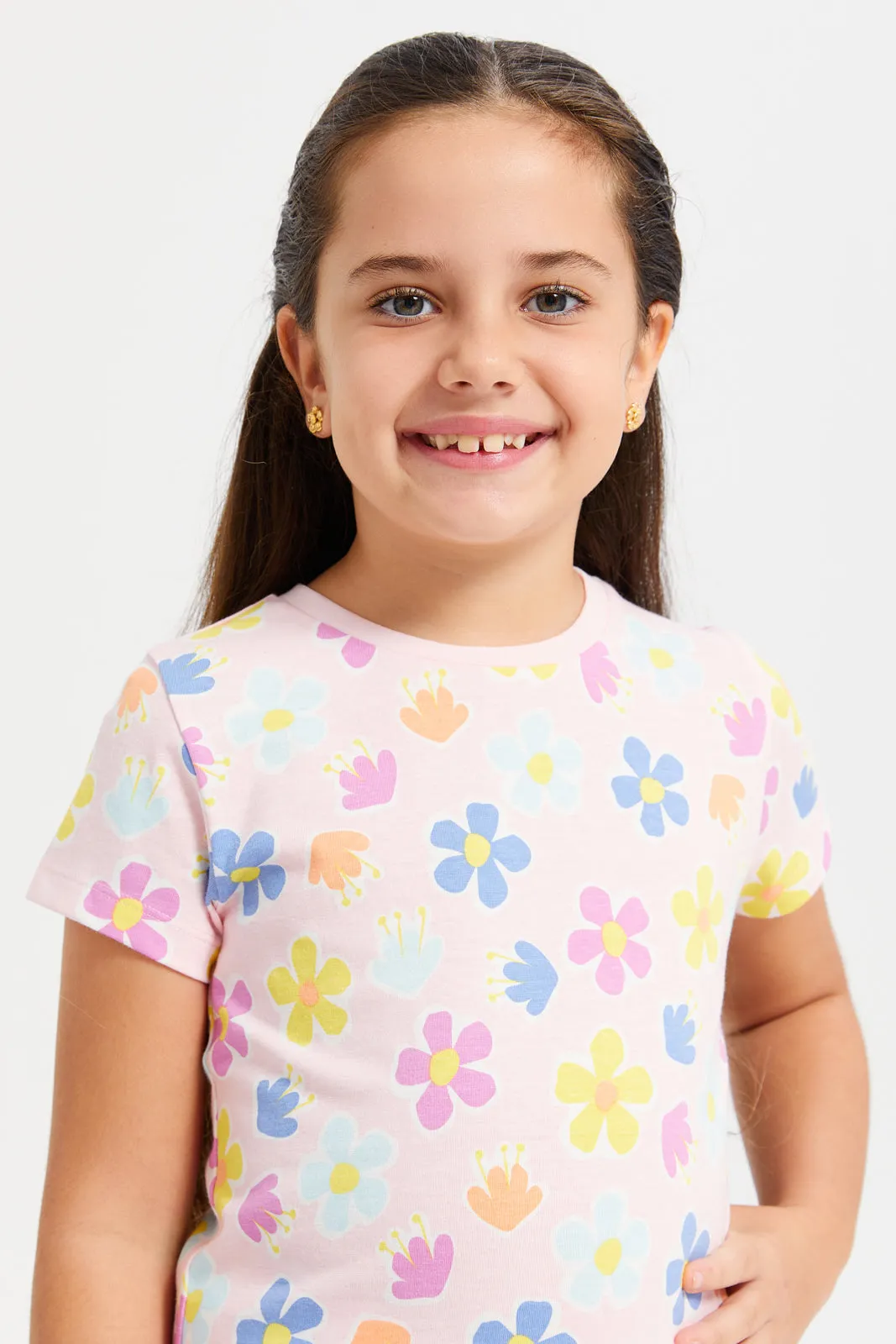 Girls Pink Flowers Print T-Shirt