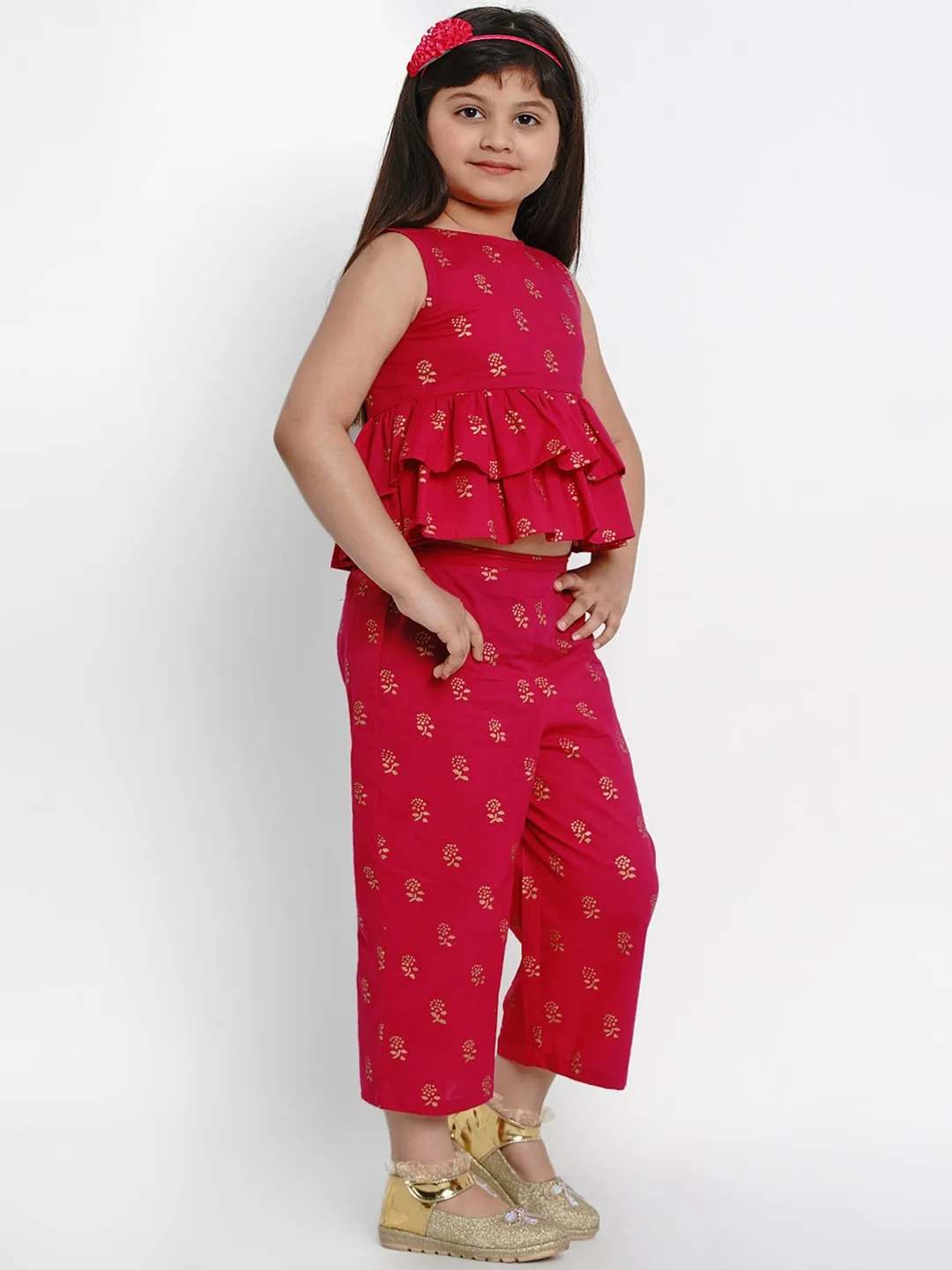 Girl's Red Printed Top & Palazzo Set  - NOZ2TOZ KIDS