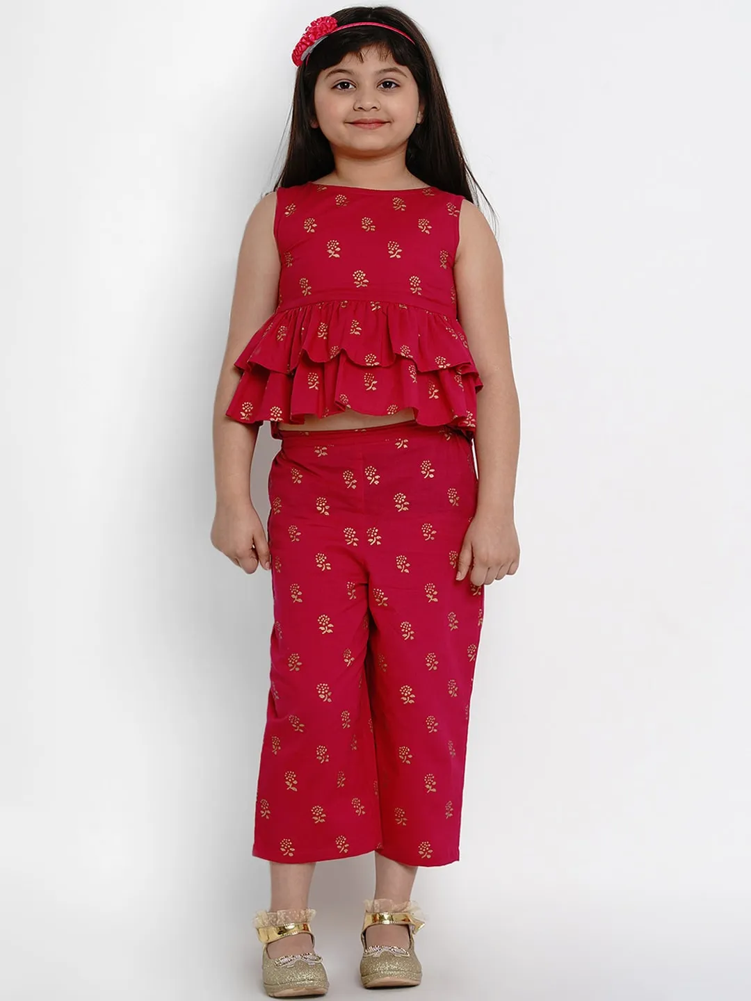 Girl's Red Printed Top & Palazzo Set  - NOZ2TOZ KIDS