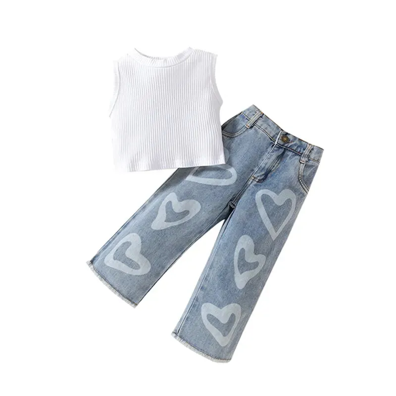 Girls Sleeveless Tank Tops and Heart Print Jeans Denim 2Pcs*