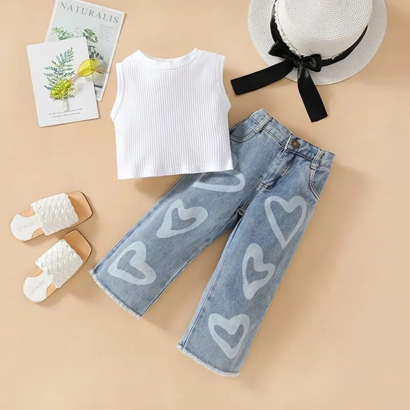 Girls Sleeveless Tank Tops and Heart Print Jeans Denim 2Pcs*