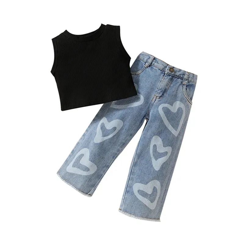 Girls Sleeveless Tank Tops and Heart Print Jeans Denim 2Pcs*