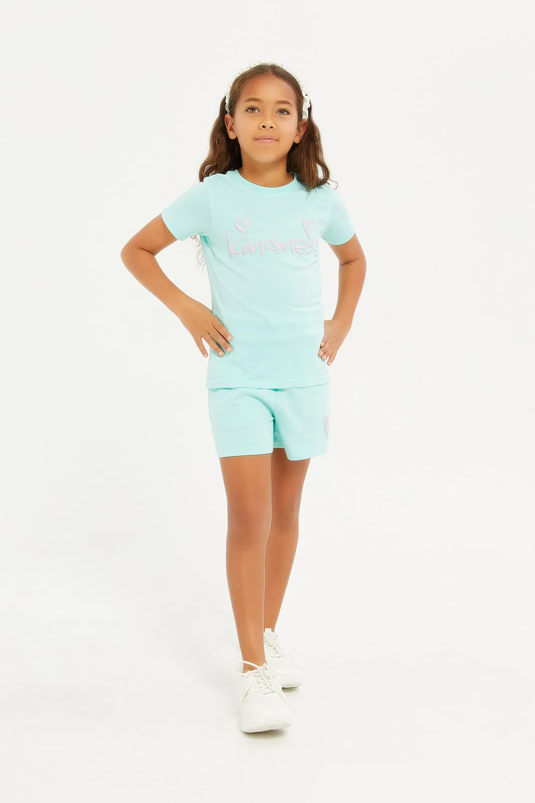 Girls Teal Placement Print Lounge T-Shirt