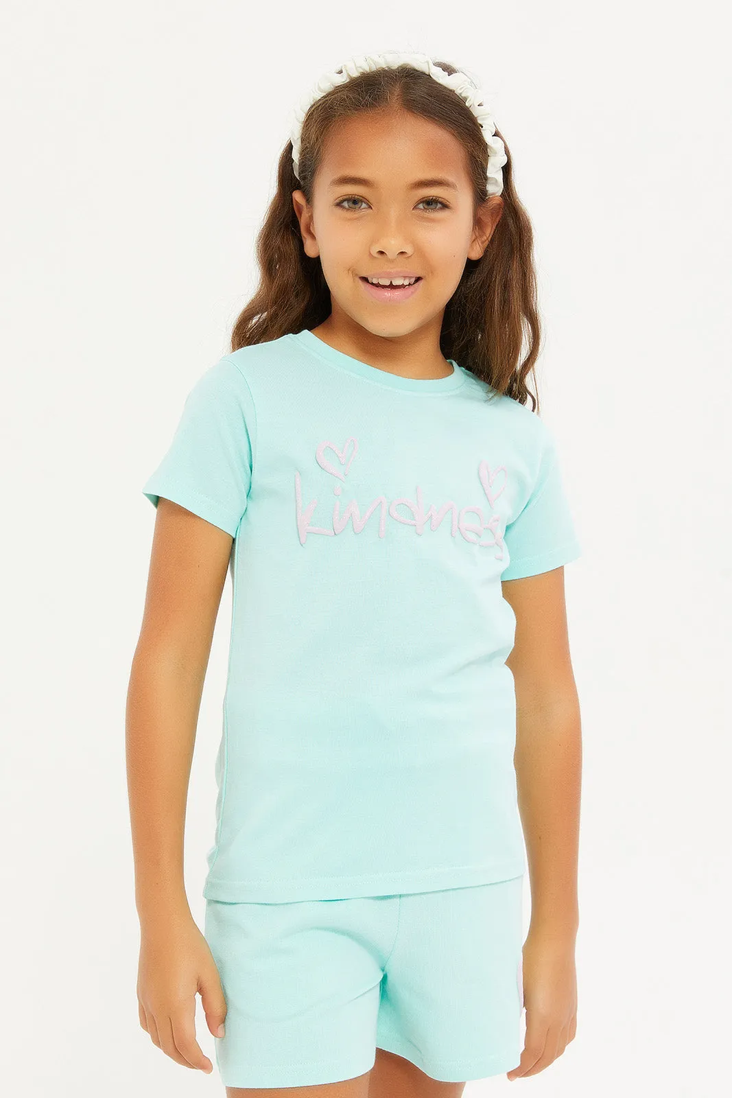 Girls Teal Placement Print Lounge T-Shirt