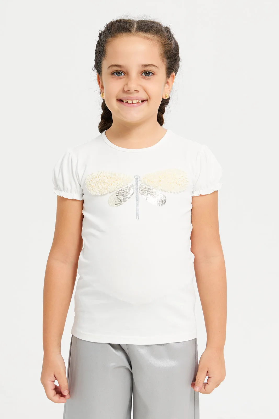 Girls White Embellished T-Shirt