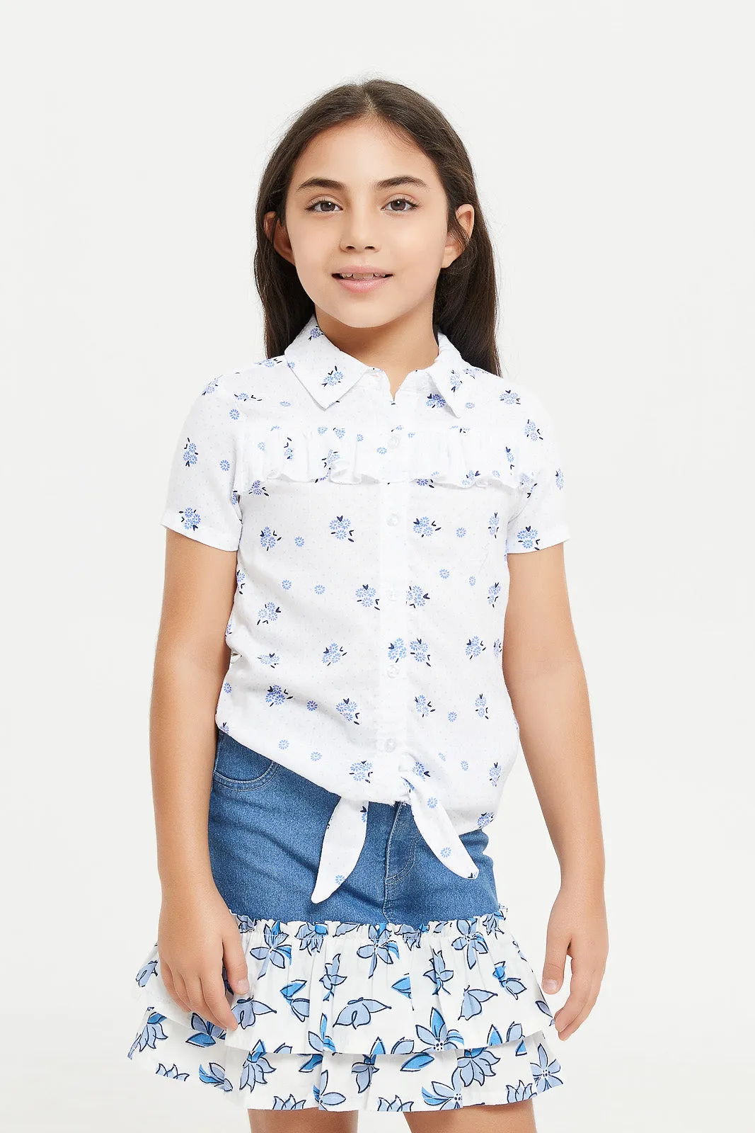 Girls White Printed Front Open Shirt