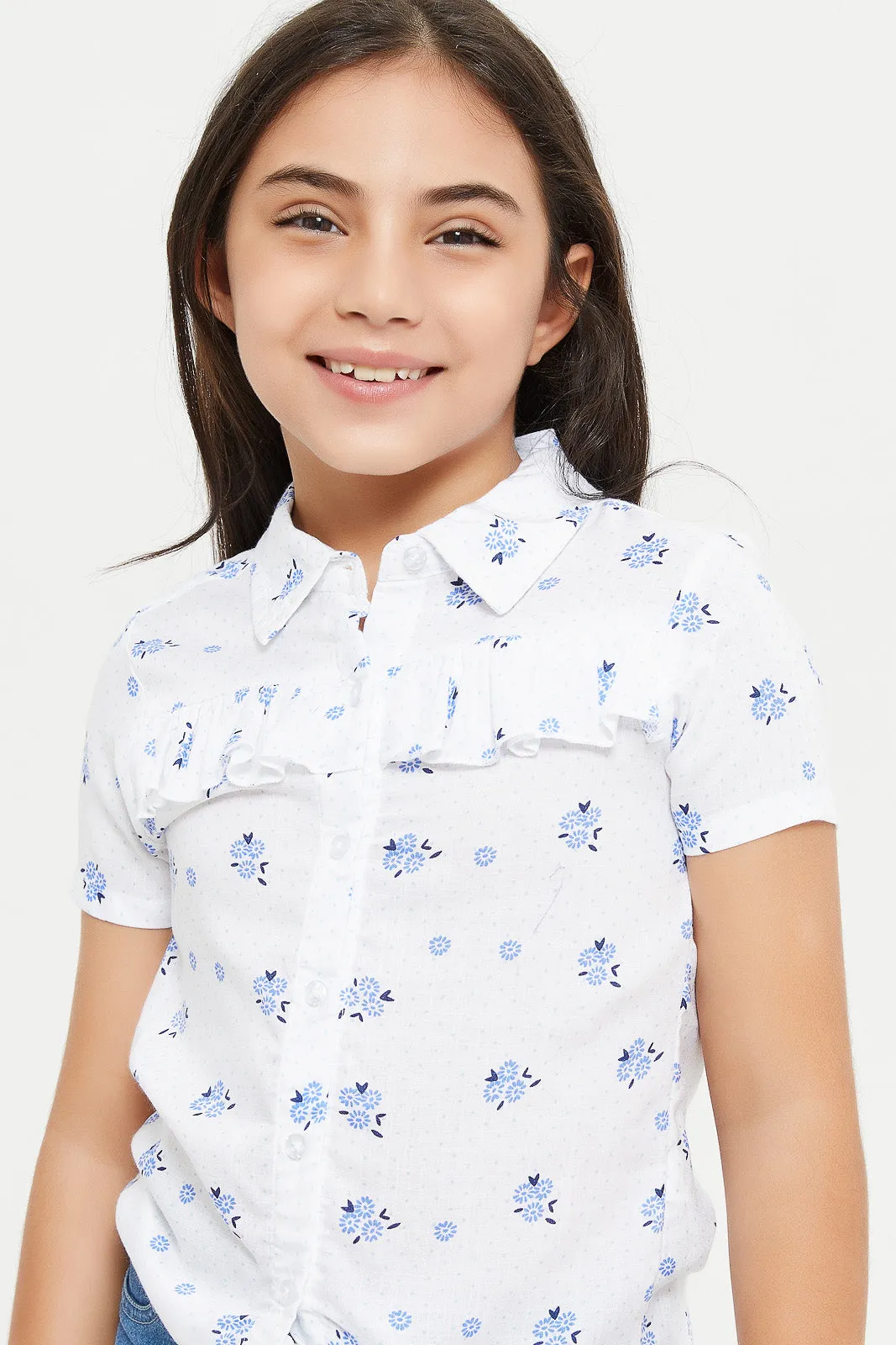 Girls White Printed Front Open Shirt