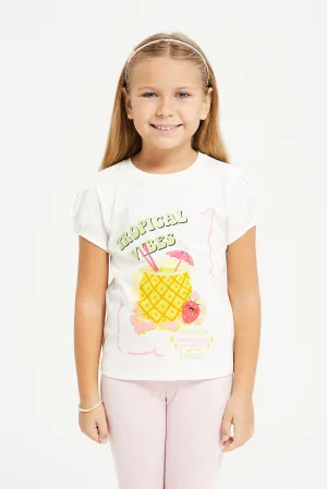 Girls White Tropical Vibes Print T-Shirt