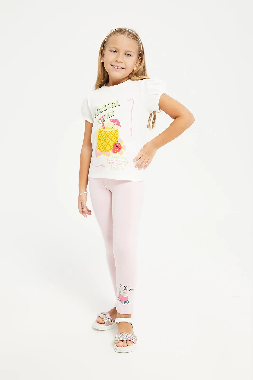 Girls White Tropical Vibes Print T-Shirt