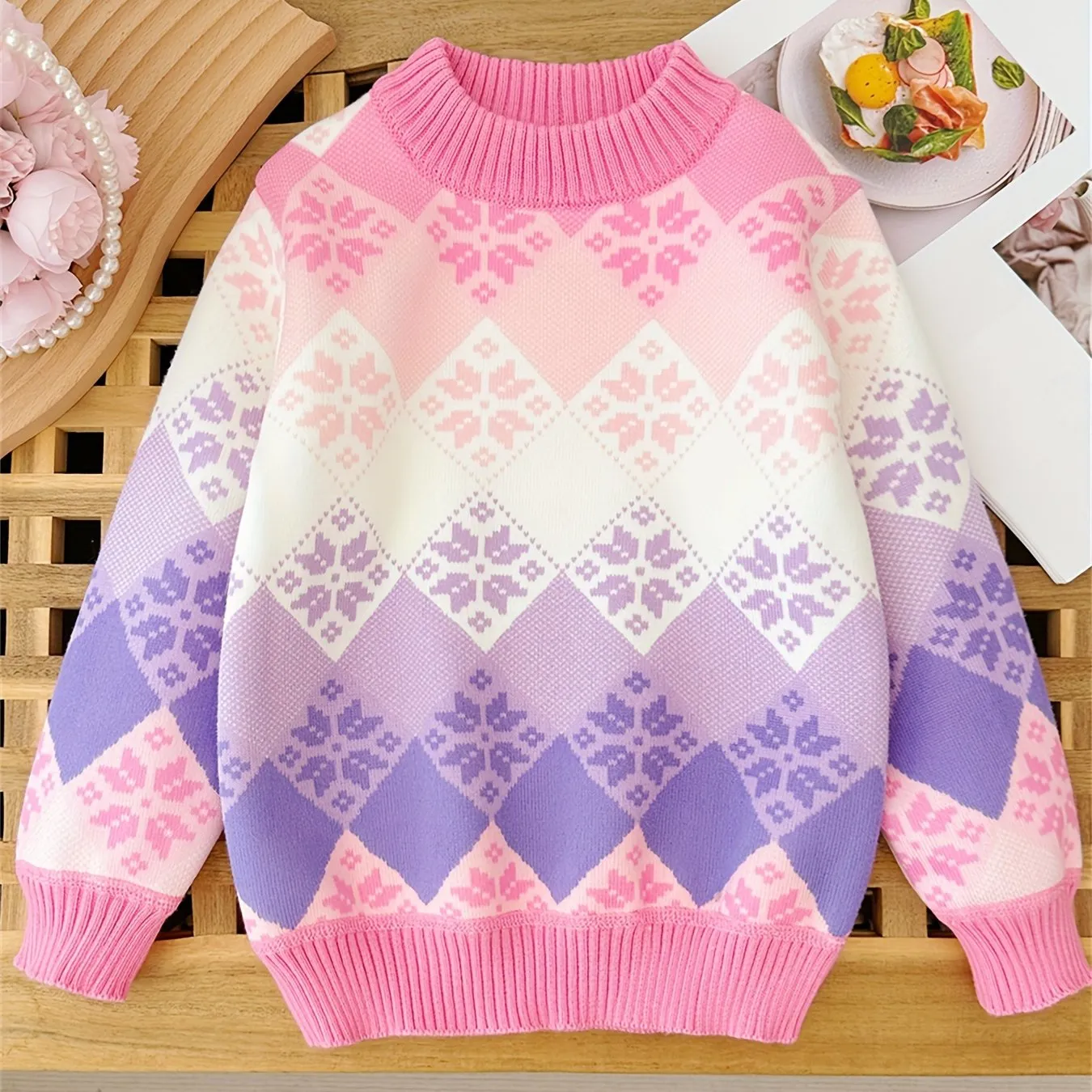 Gradient Color Argyle Knit Sweater For Girls, Crew Neck Pullover Tops, Girl's Clothing For Fall/ Winter