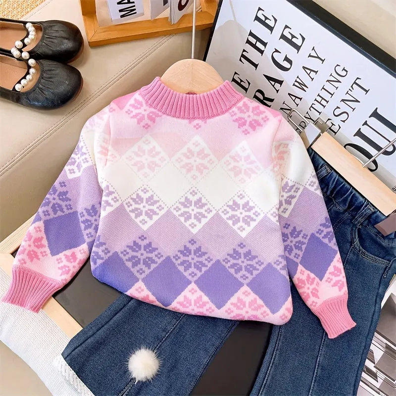 Gradient Color Argyle Knit Sweater For Girls, Crew Neck Pullover Tops, Girl's Clothing For Fall/ Winter