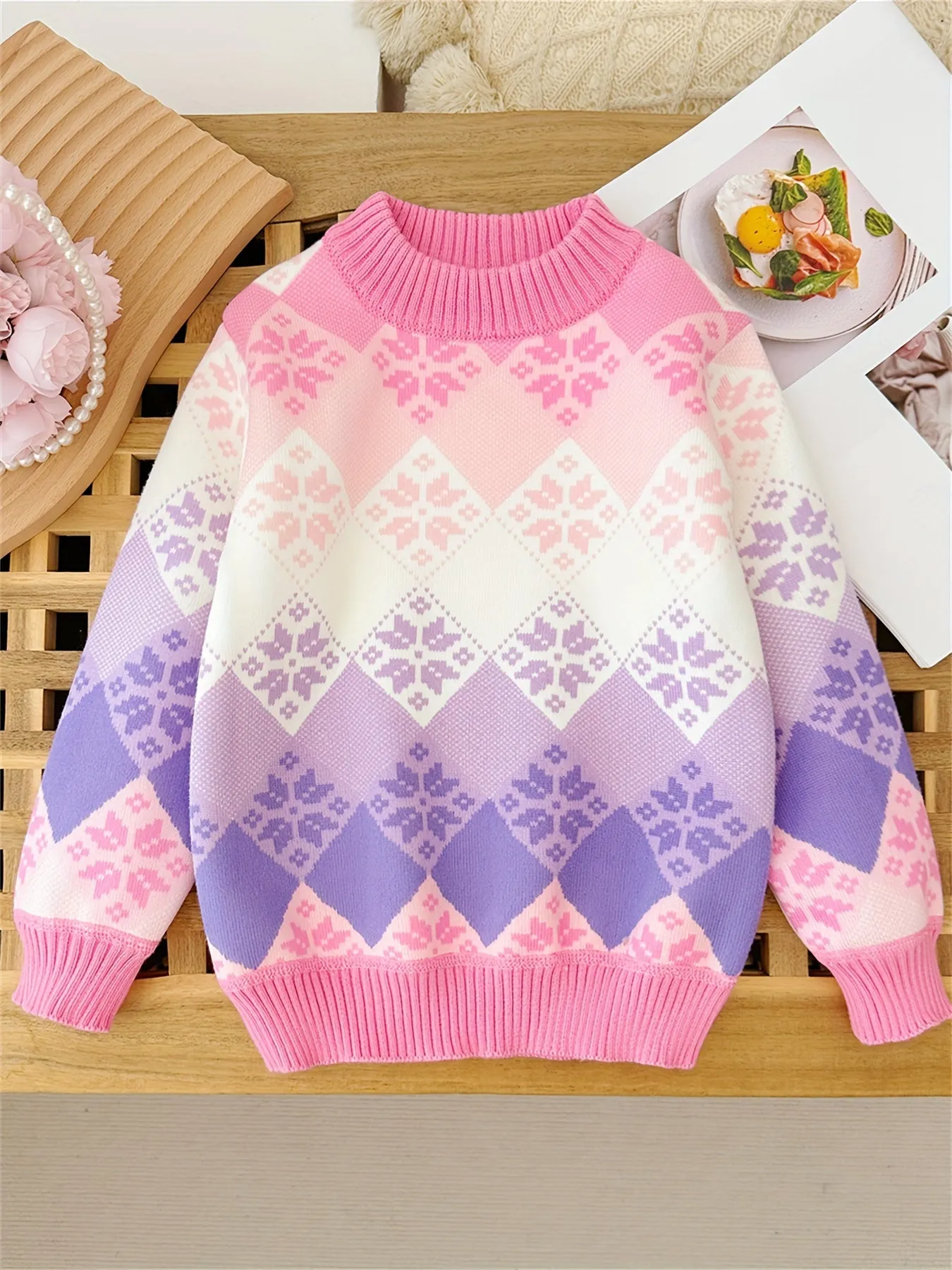 Gradient Color Argyle Knit Sweater For Girls, Crew Neck Pullover Tops, Girl's Clothing For Fall/ Winter