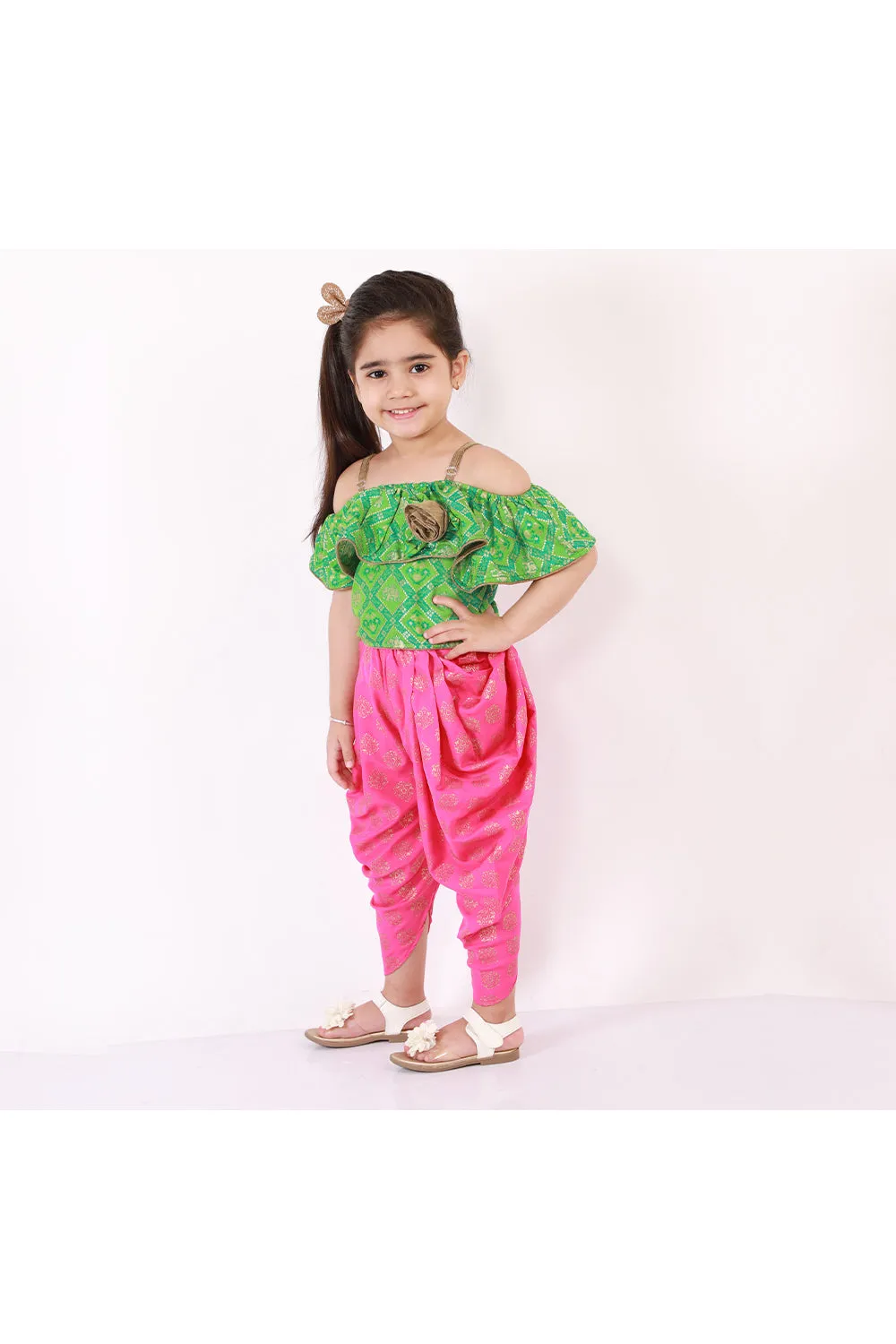 Green Designer Frill Top With Pink Printed Dhoti Set