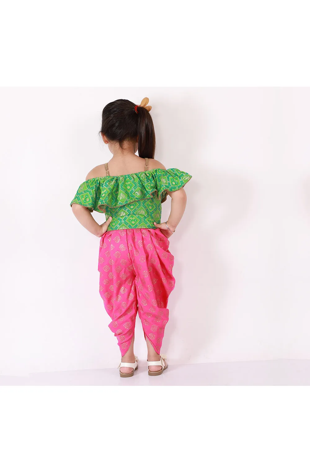 Green Designer Frill Top With Pink Printed Dhoti Set