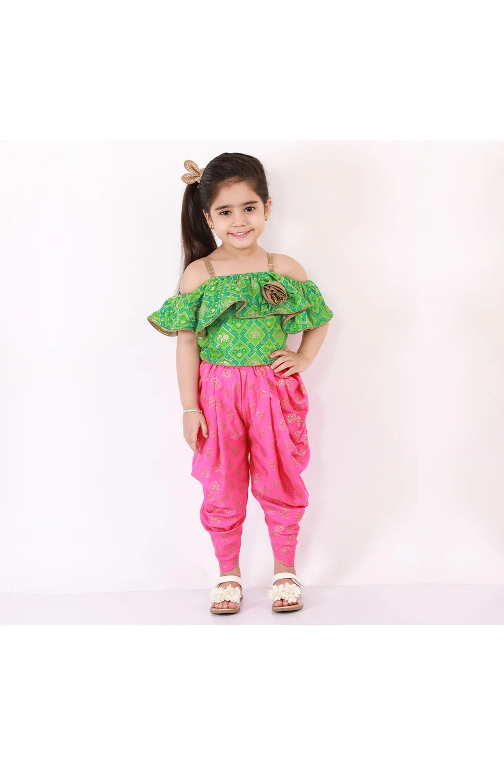 Green Designer Frill Top With Pink Printed Dhoti Set