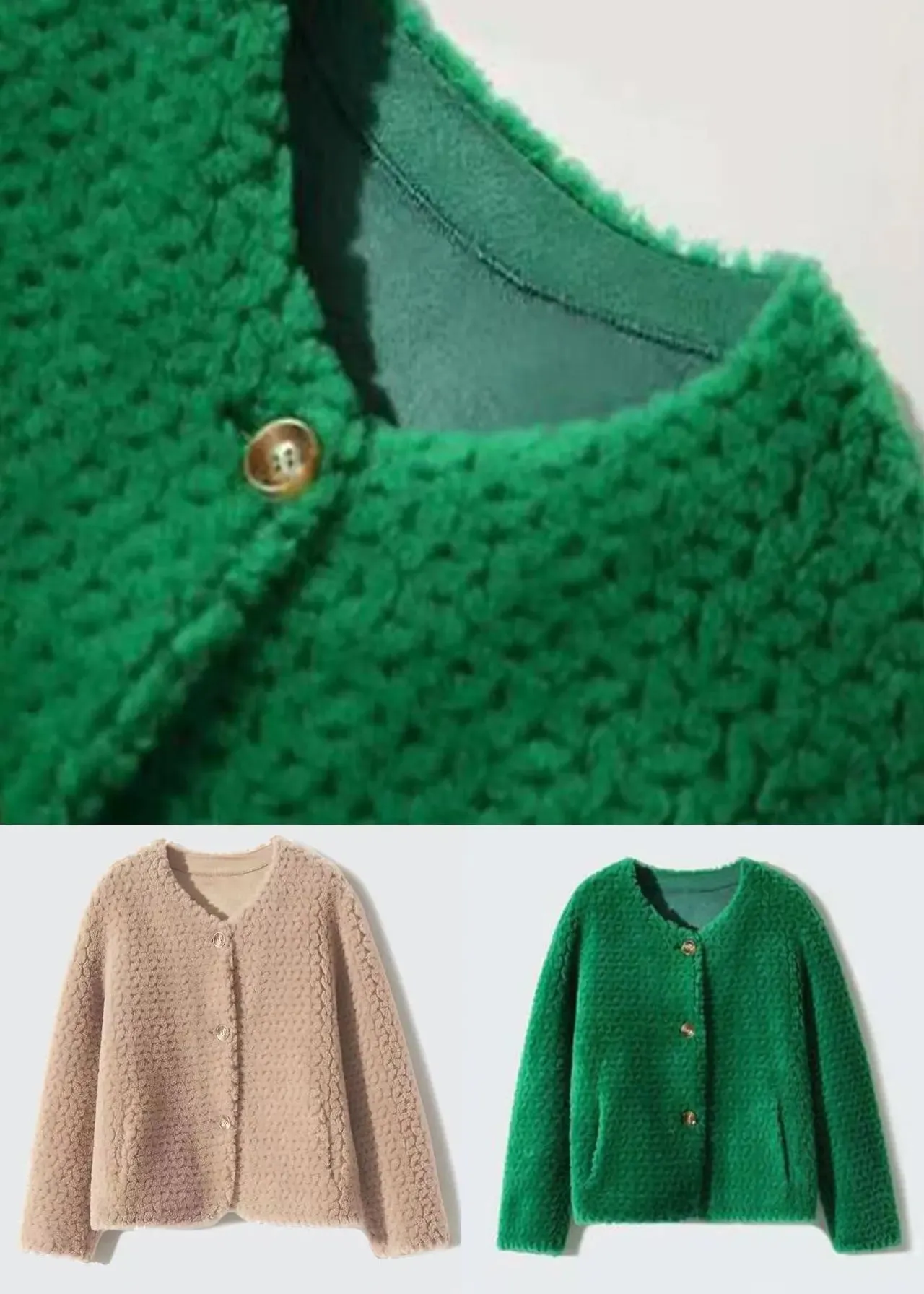 Green Pockets Patchwork Wool Coats O Neck Button Winter ML1159