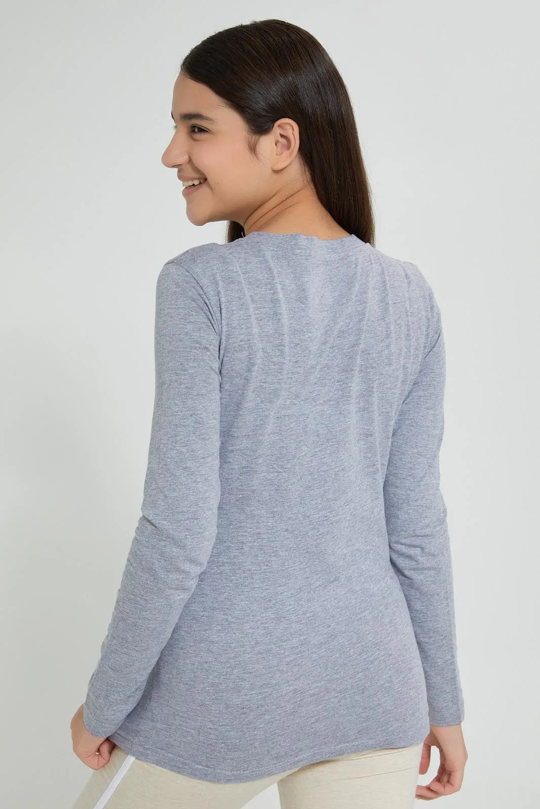 Grey Melange Graphic T-Shirt With Long Sleeve