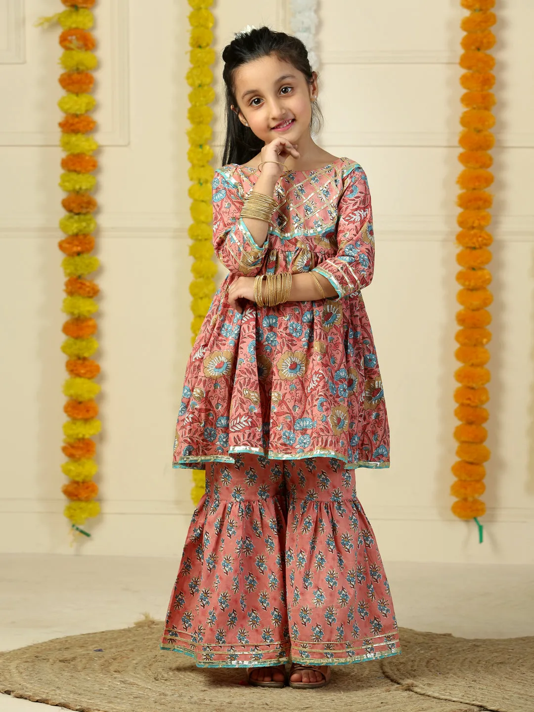 Gulabi Gul Floral Print Girls Anarkali Kurta Sharara Set