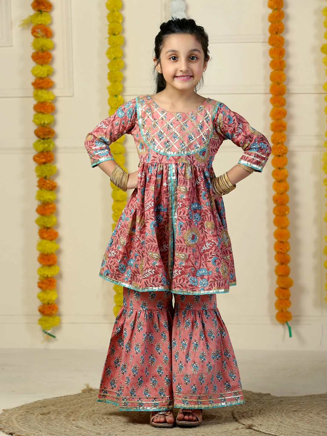 Gulabi Gul Floral Print Girls Anarkali Kurta Sharara Set