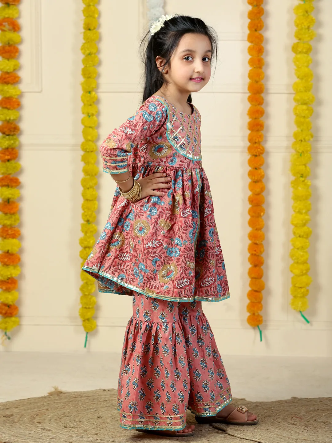 Gulabi Gul Floral Print Girls Anarkali Kurta Sharara Set