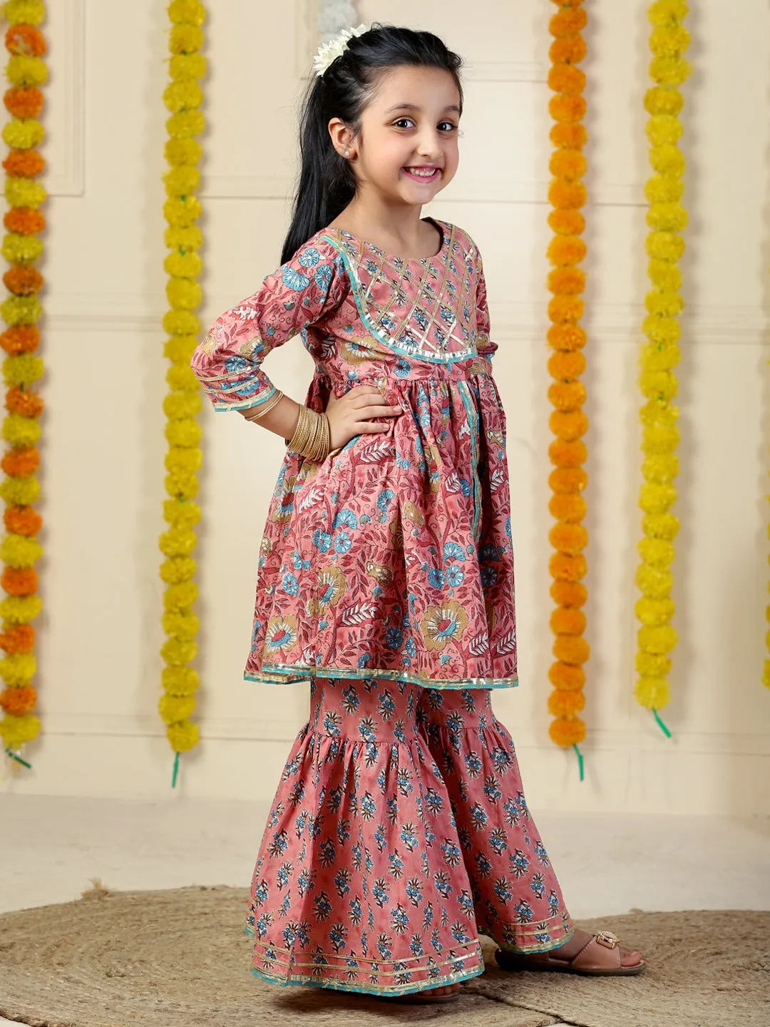 Gulabi Gul Floral Print Girls Anarkali Kurta Sharara Set