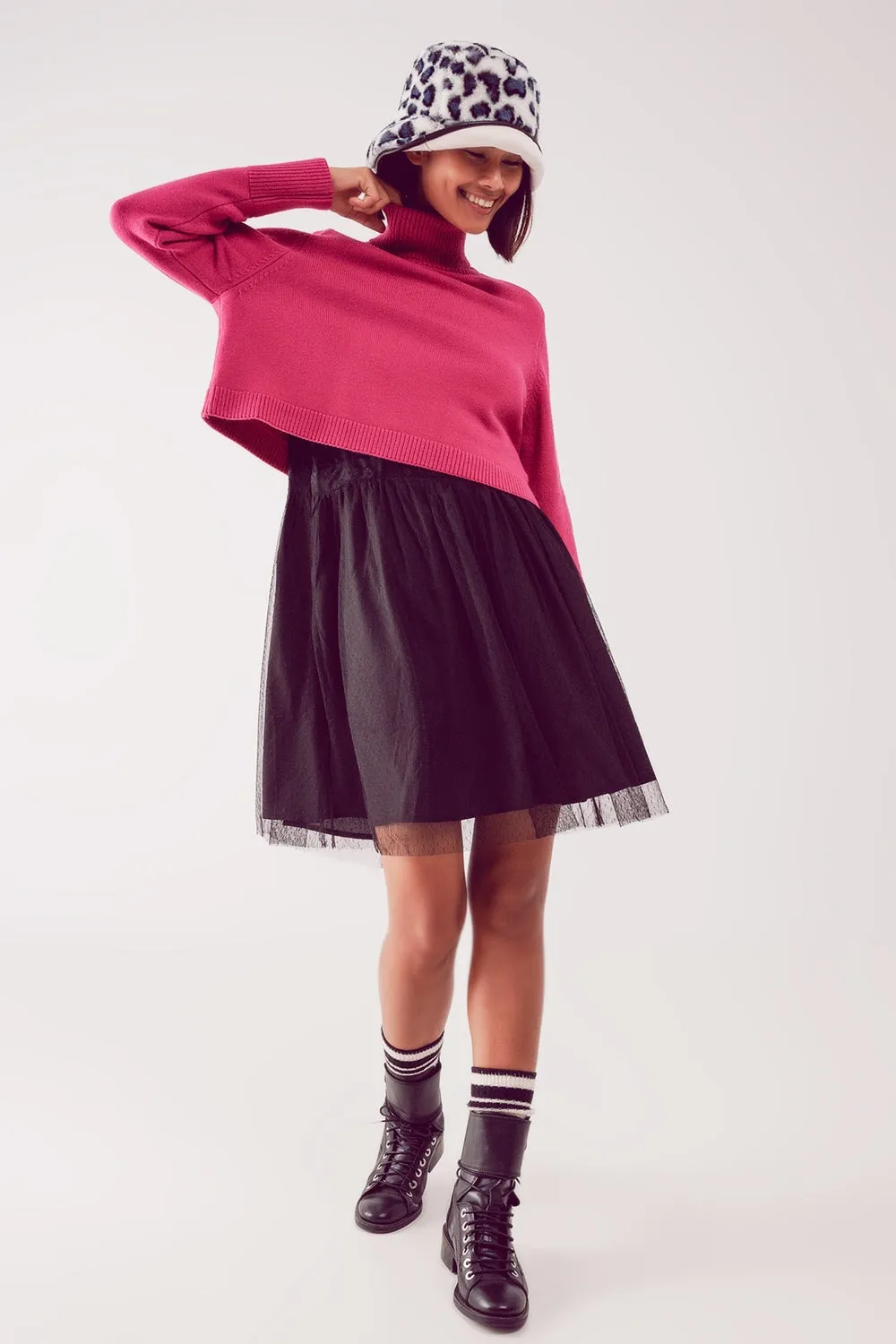 High Neck Cropped Jumper in Fuchsia