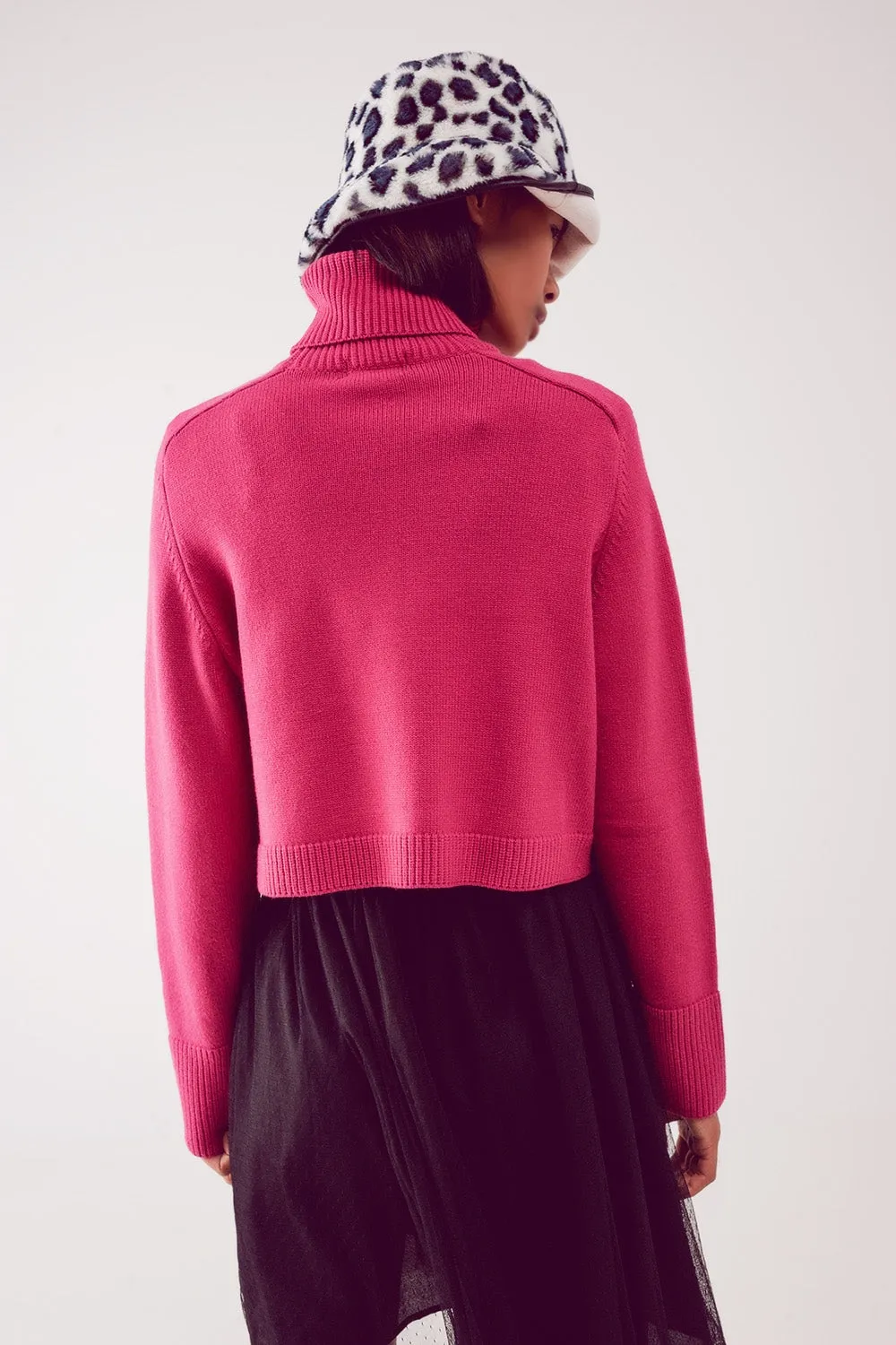 High Neck Cropped Jumper in Fuchsia