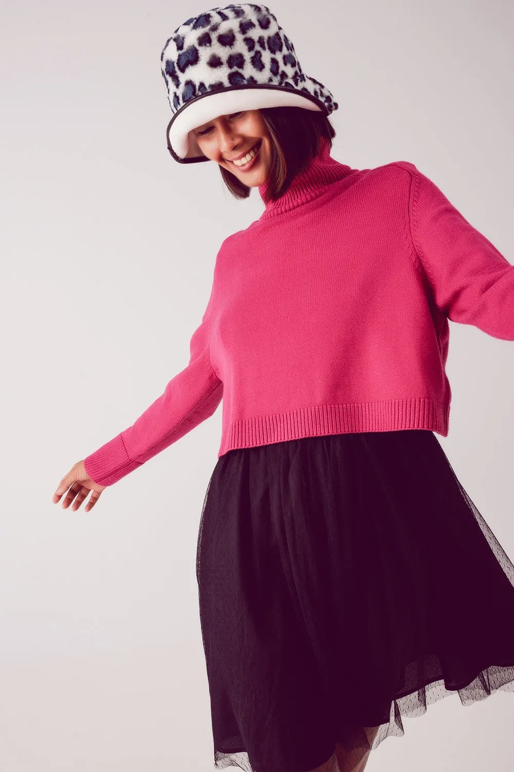 High Neck Cropped Jumper in Fuchsia