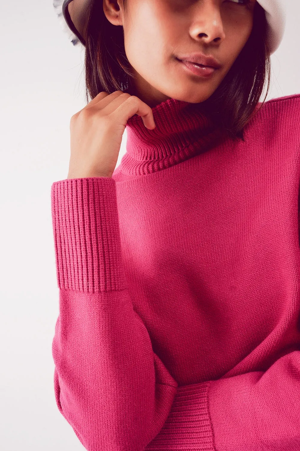 High Neck Cropped Jumper in Fuchsia