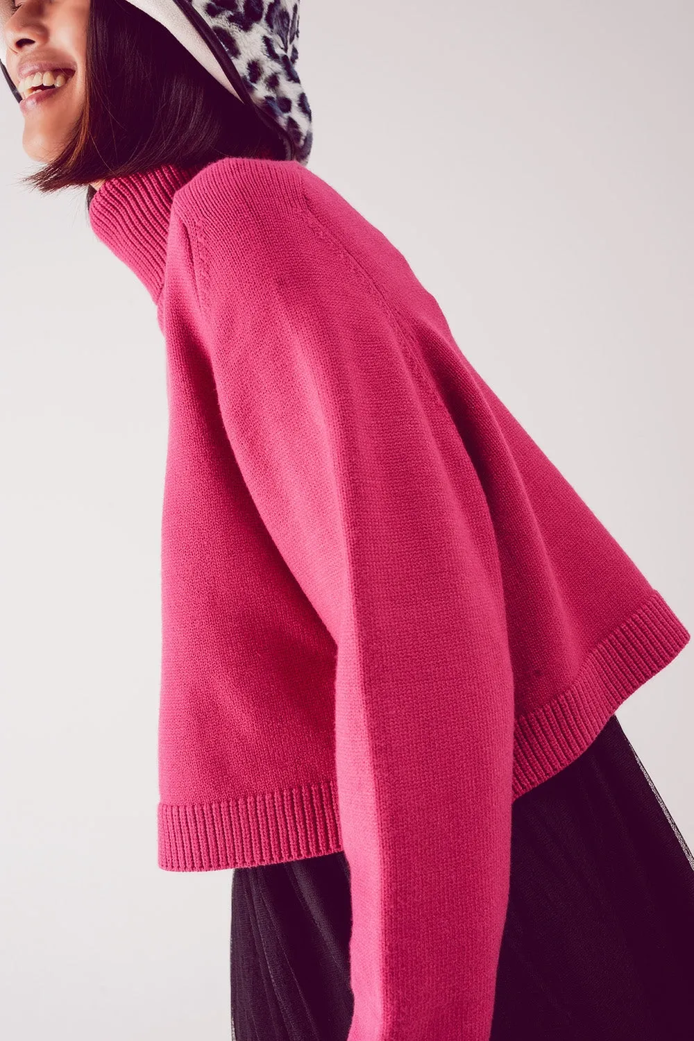 High Neck Cropped Jumper in Fuchsia