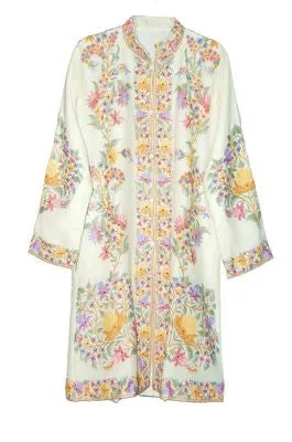 Kashmiri Woolen Coat Off-White, Multicolor Embroidery #AO-112