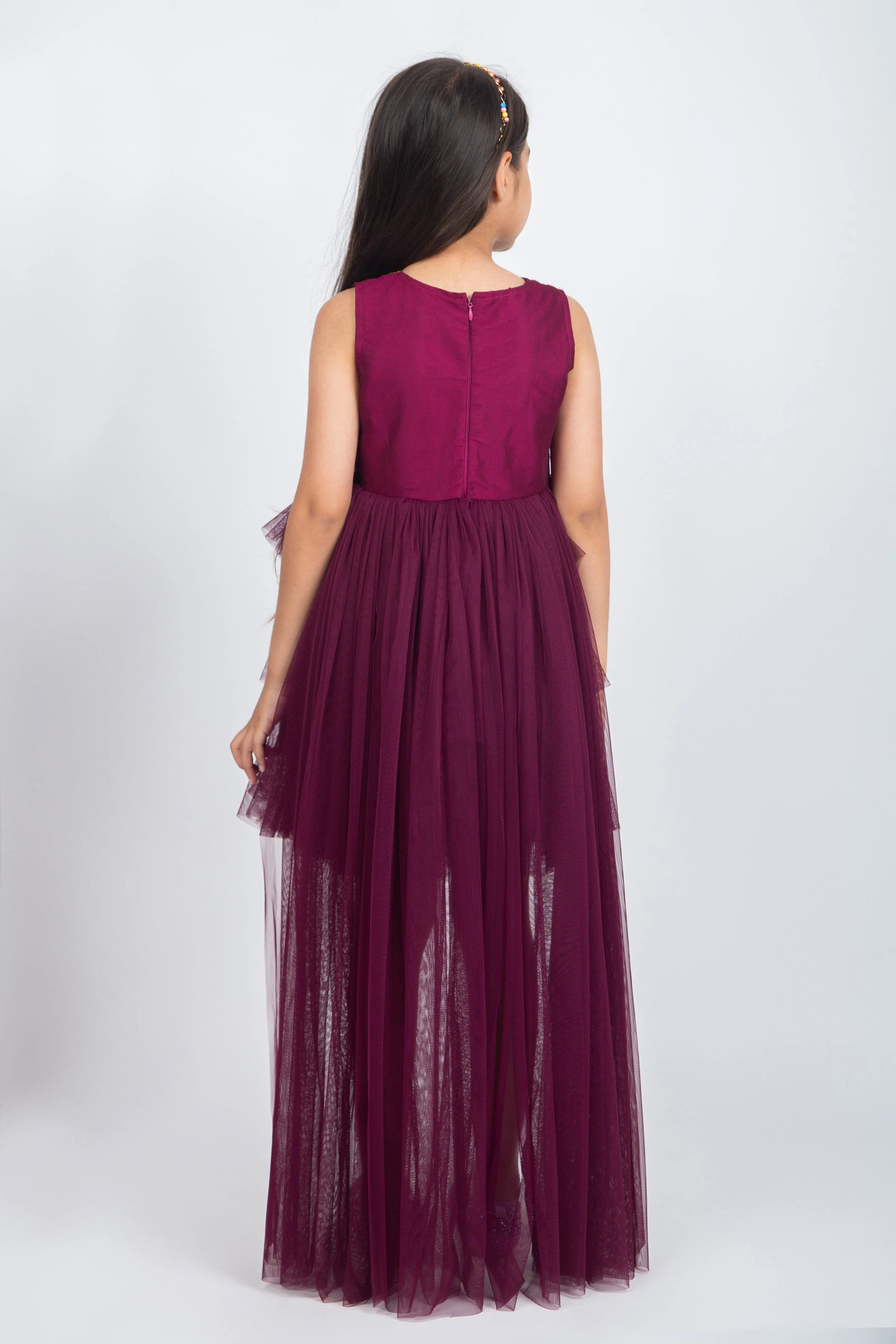 Layered net dress with tail at the back-Wine